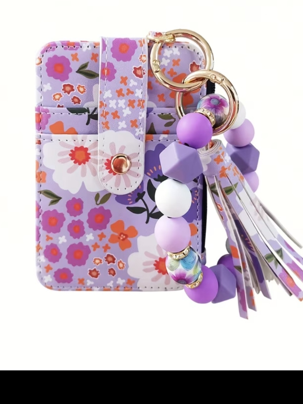 Floral Lavender Card Wallet with Beaded Tassel Keychain